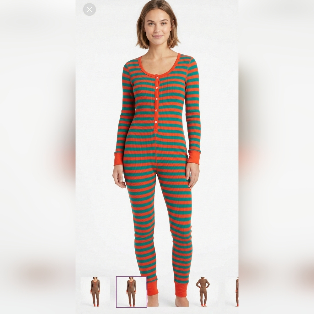 Old Navy Onesie Union Jack Pajamas Thermal Red Green Stripes Leisure Preppy L